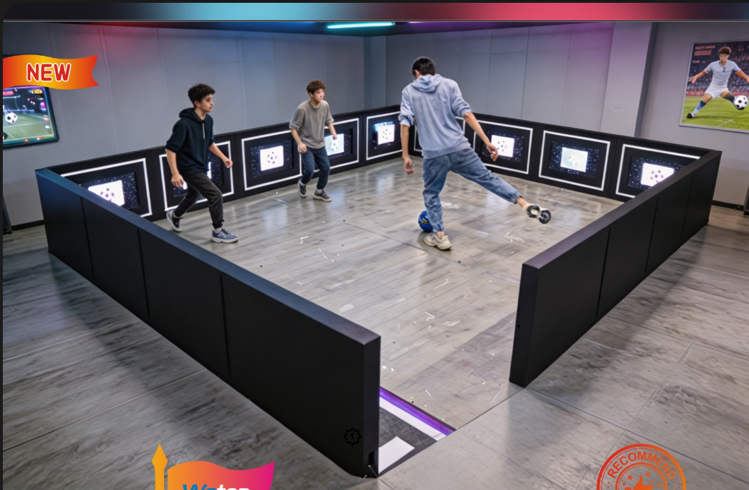 A football player striking the ball toward interactive targets